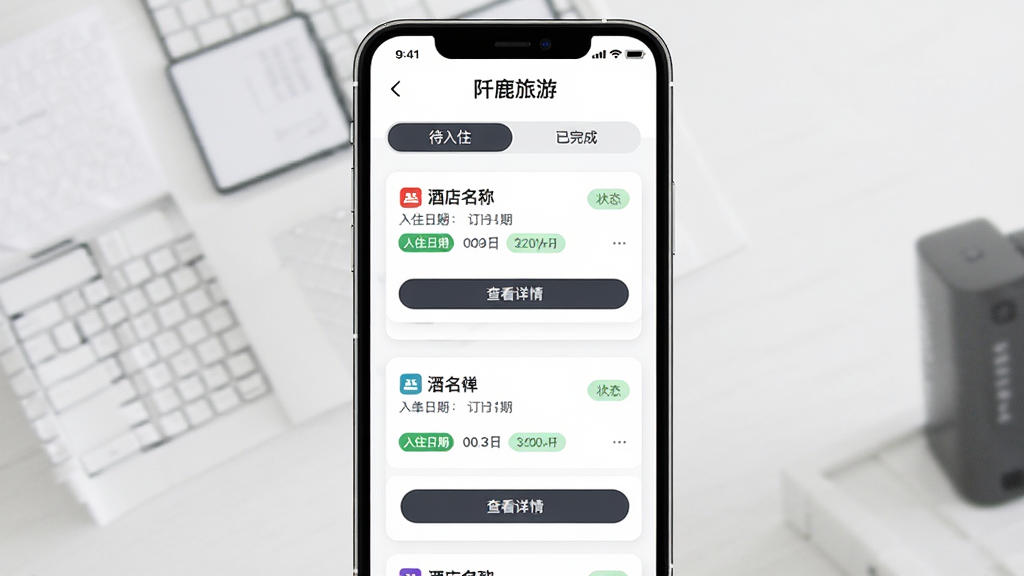 主体为“阡鹿旅游”订单管理页面,屏幕显示订单卡片列表,包含酒店名称、入住日期与订单状态标签;布局为手机屏幕竖向展示,顶部有“待入住”“已完成”切换标签;排版清晰,卡片信息分层明确;风格为简约商务的UI界面展示,色调以白色与深灰为主;细节包括状态标签的颜色区分与“查看详情”按钮;画质高清,画面干净,无多余元素