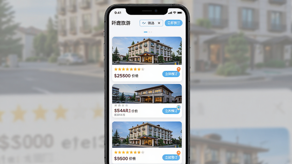 主体为“阡鹿旅游”应用中的酒店列表页面,展示三张酒店卡片,每张卡片包含酒店外观图、评分星级与价格;布局为竖向排列的卡片流,顶部有筛选按钮;排版整齐,卡片之间留有均匀间距;风格为清爽的移动端UI界面展示,色调以白色与浅蓝为主;细节包括卡片上的“立即预订”按钮与地图小图标;画质清晰,画面干净,无多余元素