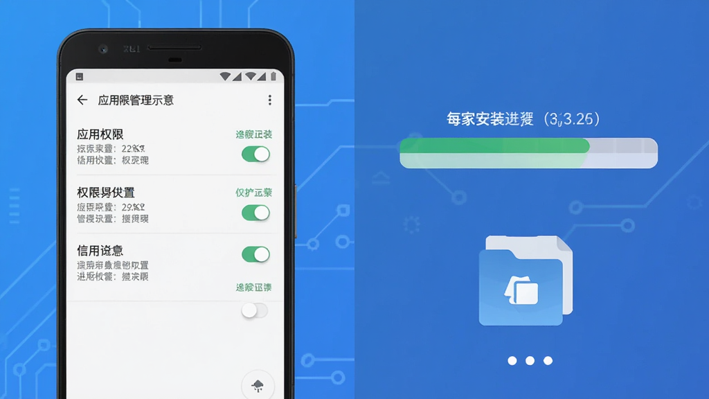 每家盈安装与权限设置示意,画面展示一部安卓手机屏幕,界面为应用权限管理页面,旁边配有下载安装进度条与文件管理图标,布局分为左右两部分,风格扁平化科技感,细节清晰可见权限开关与提示文字,画质高清,干净,无多余元素