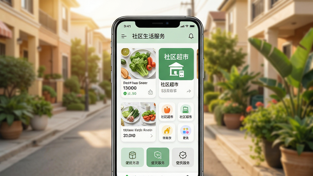 每家盈应用主界面展示,画面中央是一部智能手机,屏幕上呈现社区生活服务首页,包含生鲜商品卡片、社区超市入口与便民服务图标,背景为温馨的社区街道与绿植,整体布局简洁清晰,风格清爽现代,细节处可见商品缩略图与分类按钮,画质高清,干净,无多余元素