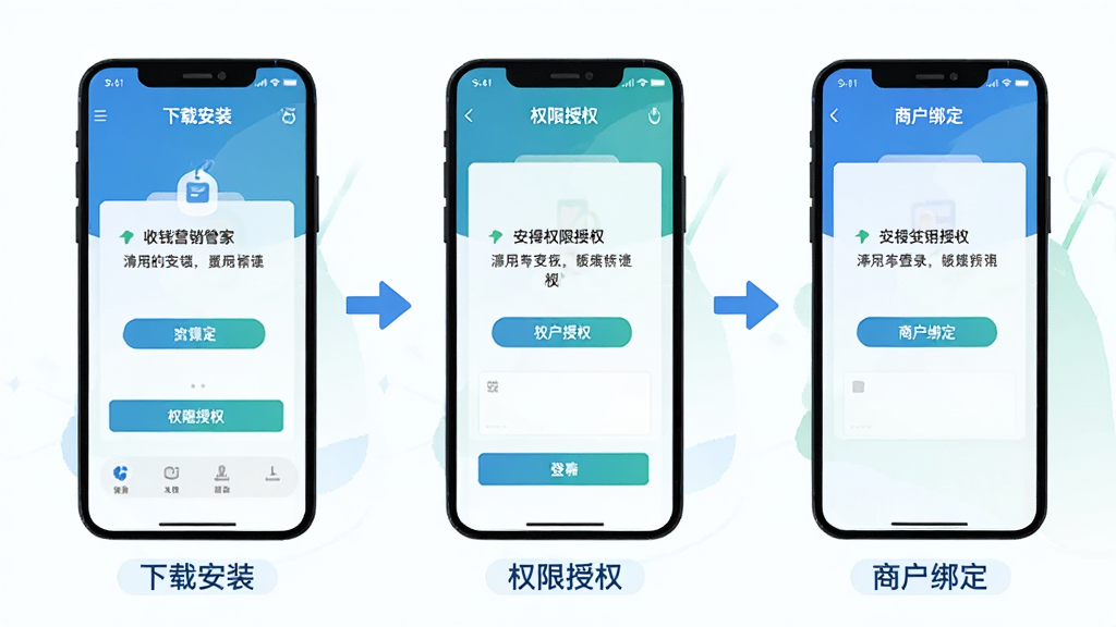 主体为收钱吧营销管家手机应用安装与登录引导流程插画,画面从左到右依次为下载安装、权限授权、商户绑定三个手机界面,界面之间用箭头连接;布局为横向三段式排列,底部配简洁步骤标签;风格为清爽扁平教程插画,蓝绿配色;细节上突出每步界面的关键按钮与提示文字区域;画质高清,干净,无多余元素