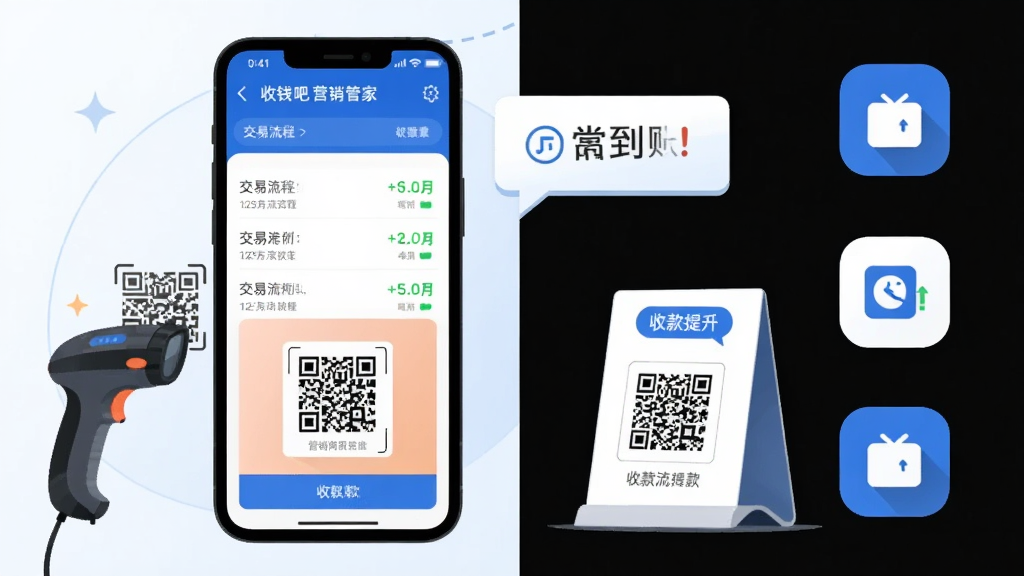 主体为收钱吧营销管家收款管理界面手机截图风格插画,画面中央是手机屏幕显示交易流水列表与收款码,旁边配有扫码枪、收款立牌和到账提示气泡;布局为左右分栏,左侧手机右侧图标元素;风格为简洁商务扁平风,蓝白配色;细节上突出交易条目的清晰排列与绿色到账标识;画质高清,干净,无多余元素