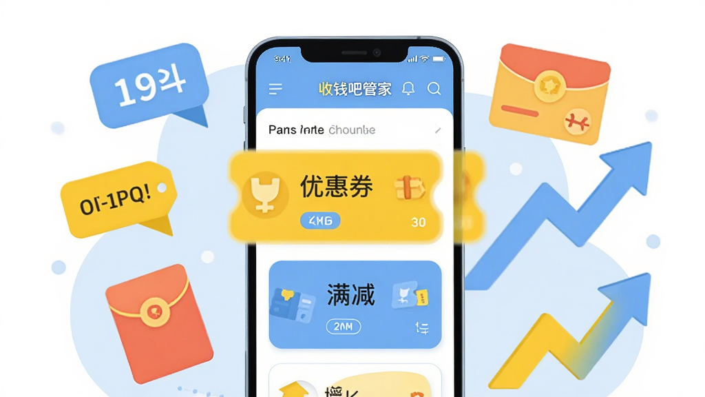 主体为收钱吧营销管家营销活动设置页面风格插画,画面中央手机屏幕显示优惠券与满减活动配置卡片,周围环绕折扣标签、会员卡、红包与增长箭头图标;布局为居中构图,四周元素环绕;风格为清新浅色扁平插画,主色浅蓝与明黄;细节上强调活动卡片的圆角与图标简洁线条;画质高清,干净,无多余元素
