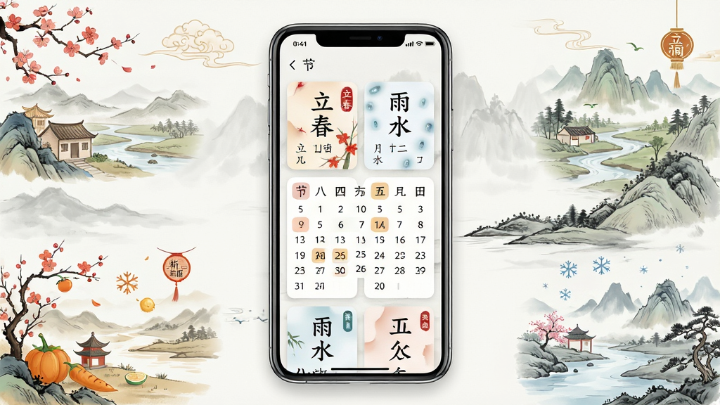 一幅展现二十四节气日历软件核心界面的手机屏幕展示图,主体是一部竖屏智能手机居中摆放,屏幕内显示带有节气名称与农历日期的日历卡片,背景为淡雅的中国风水墨山水与节气插画元素环绕手机四周,布局上手机占据画面中心,四周均匀分布春夏秋冬四季微缩场景,排版简洁大气,风格为中国传统水墨与现代扁平化UI结合,细节上节气卡片带有“立春”“雨水”等文字标注,画质高清,画面干净,无多余元素