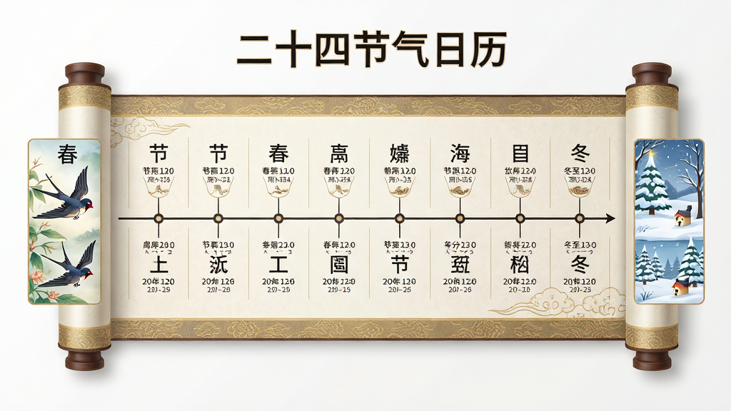 一张以“二十四节气日历”为主题的AI生成图片,画面主体为一张展开的节气时间轴卷轴,卷轴上均匀标注二十四个节气名称与对应日期节点,布局为横向卷轴居中展开,左右两侧配以春分燕子与冬至雪景的小幅插画,风格为古典卷轴与现代信息图结合,细节上卷轴边缘有淡金色纹饰,节气文字清晰可读,画质高清,画面干净,无多余元素