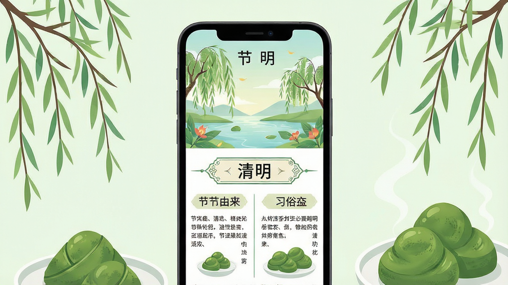 一幅表现二十四节气知识科普页面的AI生图,主体为手机屏幕内展示“清明”节气详情页,页面上方为节气插画,下方分栏列出节气由来与习俗文字,布局为手机居中、周围点缀柳枝与青团元素,风格为清新中国风扁平插画,细节上页面文字区域有清晰标题装饰线,画质高清,画面干净,无多余元素