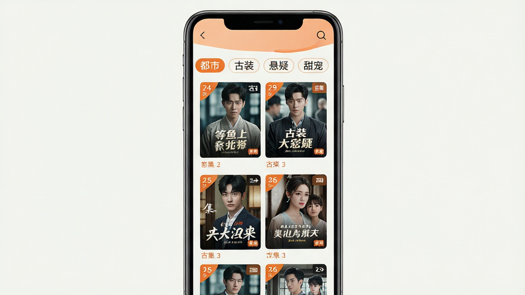 一部智能手机竖屏展示等鱼短剧的分类浏览页面,画面中可见“都市”“古装”“悬疑”“甜宠”等分类标签横向排列,下方为双列剧集封面网格,每个封面带有集数角标,整体配色为浅色背景搭配橙色点缀,风格清新简约,布局规整,细节清晰,画质干净,无杂乱元素