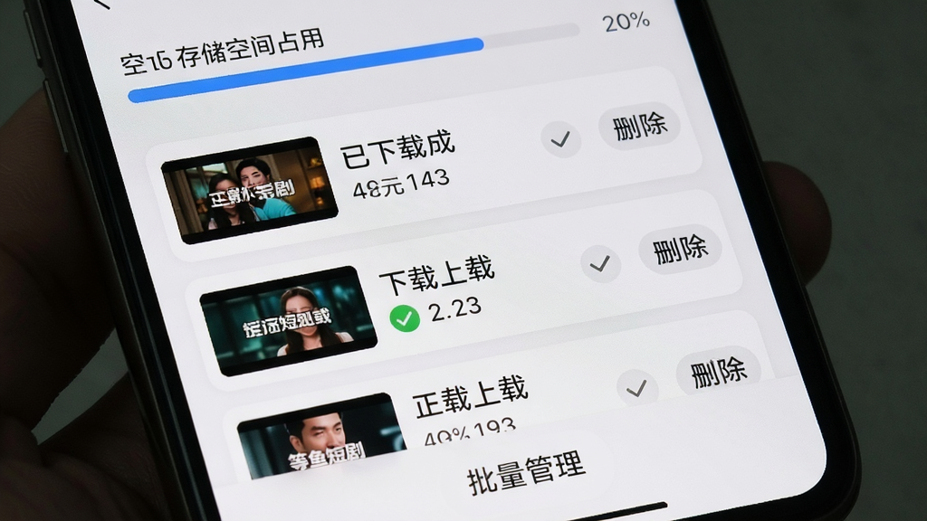 手机界面展示等鱼短剧的离线缓存管理页面,画面中列出多部已下载短剧的缩略图与文件大小,右侧有删除按钮,顶部显示存储空间占用条,底部有“批量管理”按钮,整体采用卡片式布局,浅灰背景搭配蓝色进度条,风格清爽实用,细节包括下载完成的对勾图标与正在下载的进度百分比,画质清晰,无多余元素