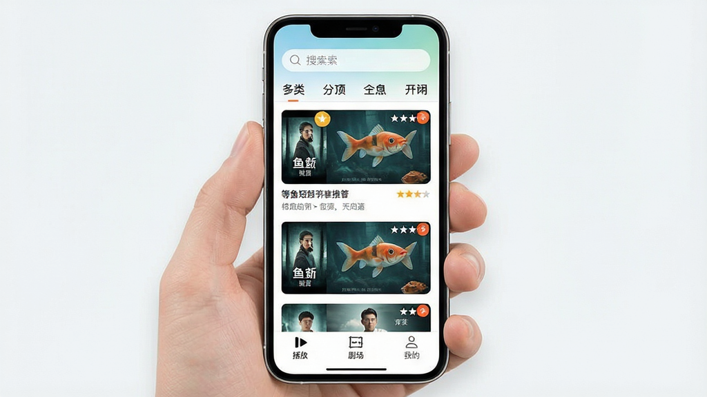 一张手机屏幕展示等鱼短剧应用主界面的场景图,画面中央是竖屏短剧推荐信息流,上方有搜索栏与分类标签,底部为播放、剧场、我的三个导航按钮,整体布局简洁明快,风格为现代扁平化UI设计,细节包括剧集封面缩略图、评分角标与更新提示小圆点,画质清晰干净,无多余装饰元素
