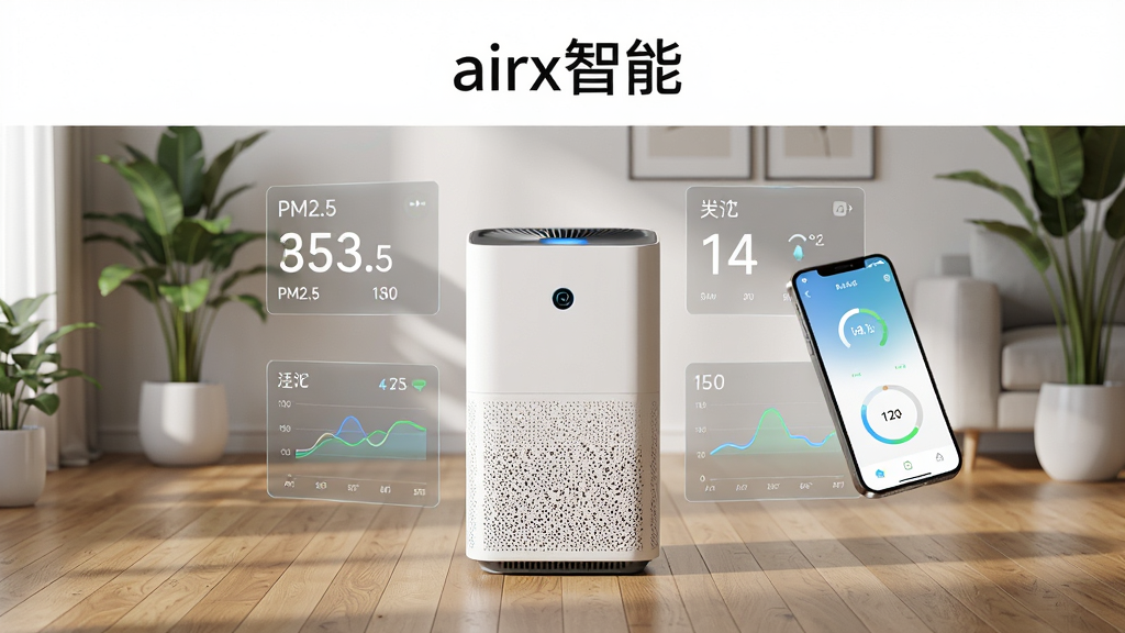 画面主体为一台白色空气净化器置于现代客厅中央,周围环绕半透明的数据面板显示PM2.5数值与温湿度曲线,手机悬浮在侧方屏幕亮起显示控制界面,布局采用居中对称构图,排版上标题区域留白干净,风格为清新科技写实风,细节包含柔和的光线、木质地板纹理、绿植点缀,画质高清干净无多余元素,图片中文字为“airx智能”