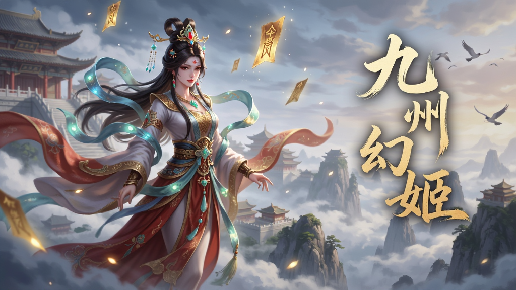 画面主体为一位身着华丽国风服饰的幻姬角色立于云雾缭绕的仙山之巅,背景是层叠的宫殿与飘浮的灵符,布局采用竖版构图人物居中偏左,右侧留白处用金色书法字体书写“九州幻姬”四字,风格为国风幻想CG插画,细节包括衣袂飘带、发饰流光、远处飞鸟与灵光粒子,画质高清精致,画面干净无多余元素