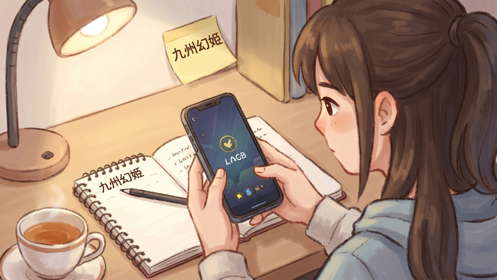 画面主体为一位新手玩家手持手机坐在书桌前,手机屏幕显示游戏加载界面,旁边有笔记与提示便签,布局为生活化场景构图,风格为清新插画风,细节包括桌上的茶杯、便签上的“九州幻姬”字样与温馨灯光,画质柔和,画面干净