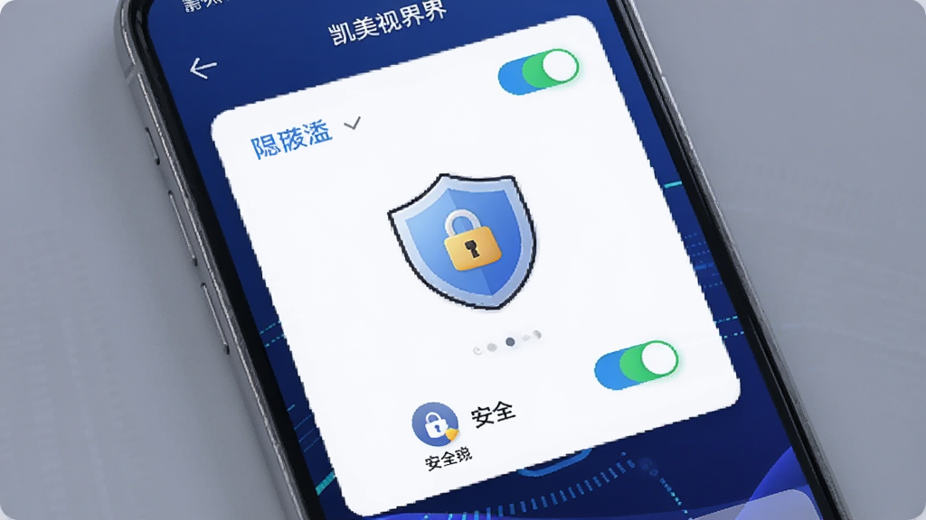 手机屏幕中展示凯美视界的隐私设置页面,页面上有权限开关与安全锁图标,背景为深蓝色科技感渐变,画面中央有一个盾牌形状的卡通图标,整体风格简洁现代,画质干净,无多余元素