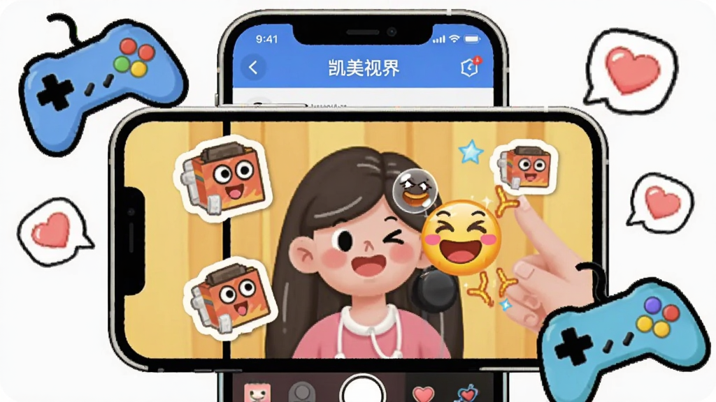 画面展示凯美视界应用内的趣味互动场景,手机屏幕中呈现带有贴纸与表情特效的视频画面,周围点缀游戏手柄与爱心图标,整体采用活泼的卡通插画风格,色彩明亮,布局均衡,画质干净,无多余元素