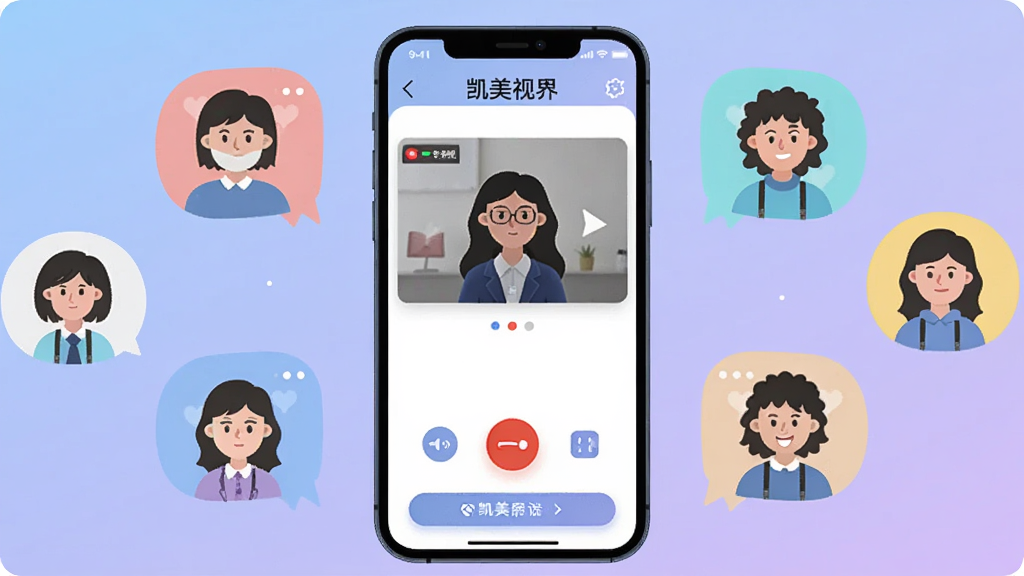 画面中央放置一部智能手机,手机屏幕中展示凯美视界应用的主界面,界面包含视频通话窗口与功能按钮,手机周围环绕多个卡通风格的用户头像气泡,背景为柔和的蓝紫色渐变,整体采用扁平化插画风格,细节清晰,画质干净,无多余元素,适合作为软件下载站介绍配图