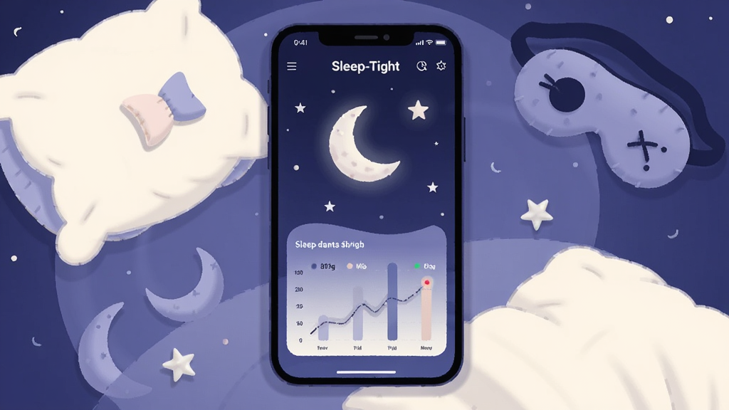 画面中央展示一部智能手机,屏幕上显示Sleep-Tight应用的睡眠数据仪表盘,有深蓝色夜空背景与柔和的月亮图标,手机周围环绕着枕头、眼罩、星月元素,整体采用扁平化插画风格,色调以深蓝、淡紫、米白为主,细节干净柔和,画质清晰无多余杂物