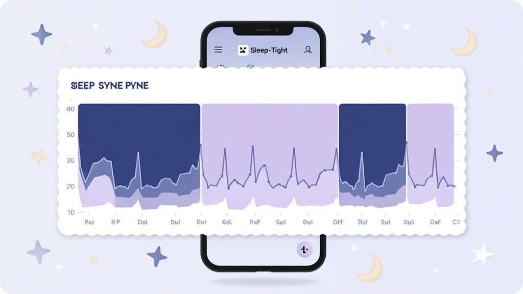 画面中央为Sleep-Tight应用生成的睡眠周期折线图,图表以深蓝与浅紫色块区分深睡浅睡阶段,手机屏幕悬浮在画面中央,周围点缀星星与月亮图标,扁平化UI风格,色调柔和干净,画质清晰,无多余元素