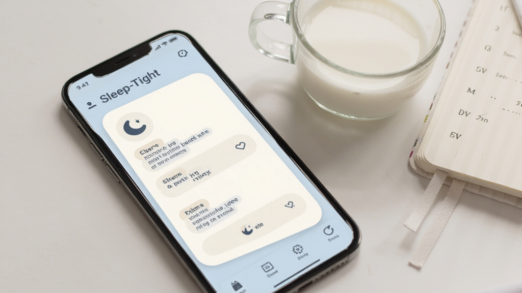 画面展示Sleep-Tight应用界面中的建议卡片,卡片上有月亮图标与简短文字条目,手机旁放置一杯温牛奶与一本笔记本,整体风格清新浅色,圆角卡片设计,色调以米白、淡蓝为主,画质干净清晰