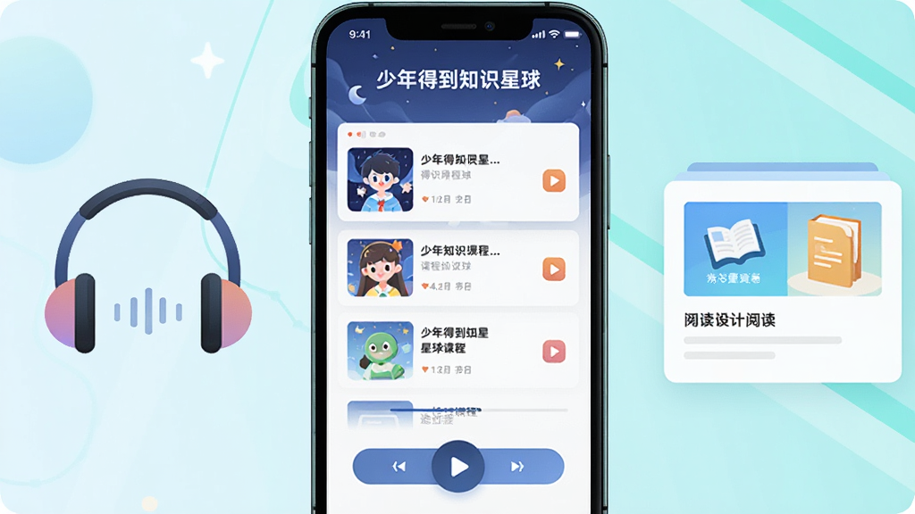 画面主体为一部手机屏幕展示少年得到知识星球界面,屏幕左侧浮现耳机图标代表音频内容,右侧浮现图文卡片代表阅读内容,布局为左右对称式,手机居中,排版清晰有序,风格为现代科技感插画,细节处屏幕内可见课程列表和播放按钮元素,画质高清干净,无多余元素,屏幕上方以简洁字体标注
