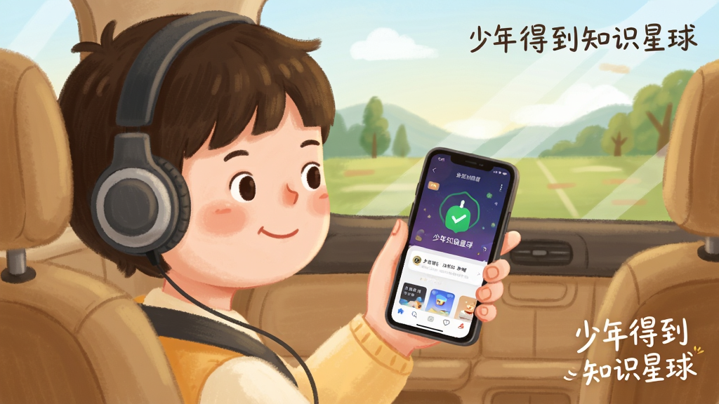 画面主体为一个孩子坐在汽车后座手持手机学习,手机屏幕显示少年得到知识星球播放界面,旁边有下载完成的勾选图标,布局为孩子在前景、车窗外风景为背景,排版突出手机屏幕内容,风格为温馨生活插画,细节处孩子面带微笑、耳机佩戴整齐,画质柔和干净,无多余元素,画面角落以手写体标注