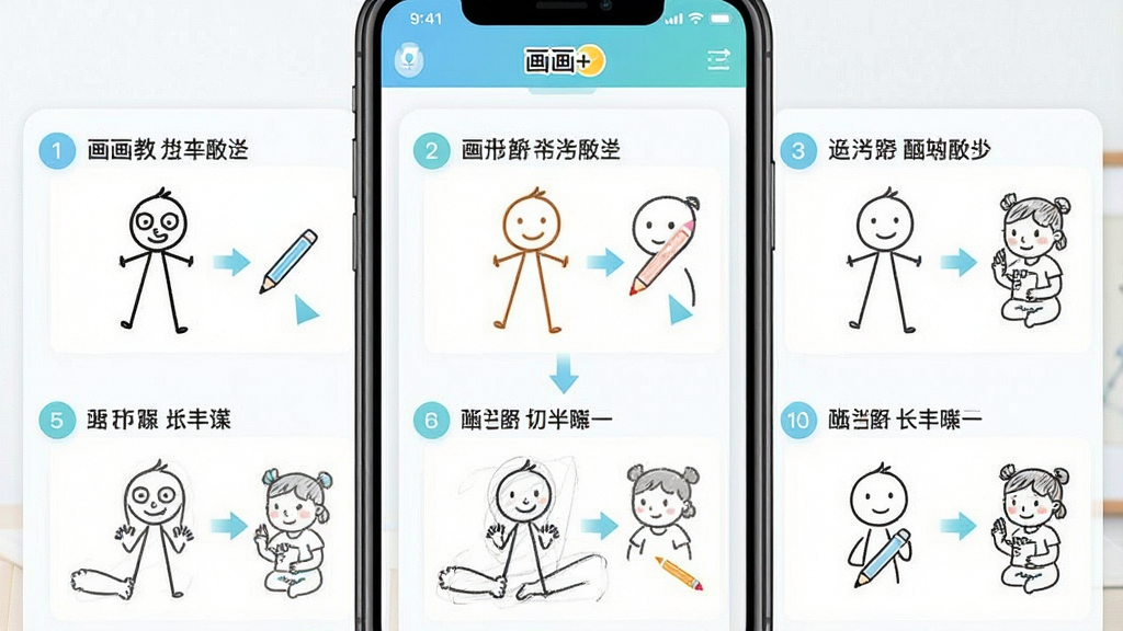 一张手机界面展示图,主体是“画画+”软件内的教程页面,屏幕上显示分步骤的简笔画教学示例,配有文字说明和示意图;布局为手机居中、屏幕内容分三栏展示步骤;排版突出教程的递进关系;风格为清新教育类UI风;细节包括步骤编号、示例图案、操作箭头;画质高清、画面干净、无多余元素