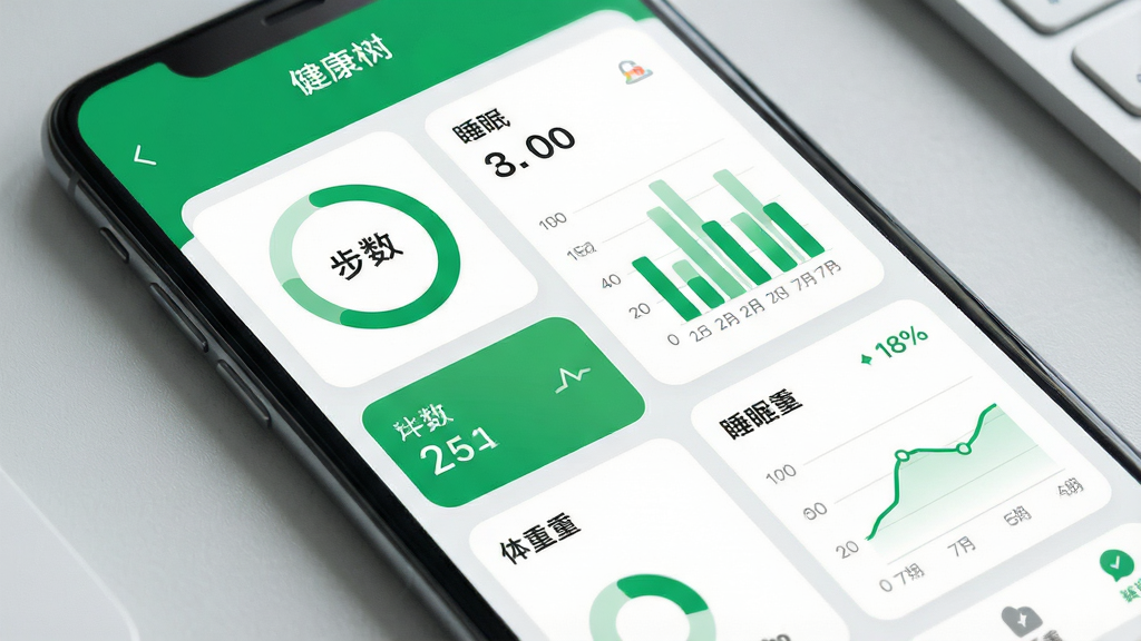 手机屏幕特写,界面为健康数据总览页,包含步数环形图、睡眠柱状图、体重折线图等多个数据卡片,配色为绿色与白色搭配,界面简洁现代,背景为浅灰色桌面,画质高清,干净无杂乱元素,屏幕上方显示文字“健康树”