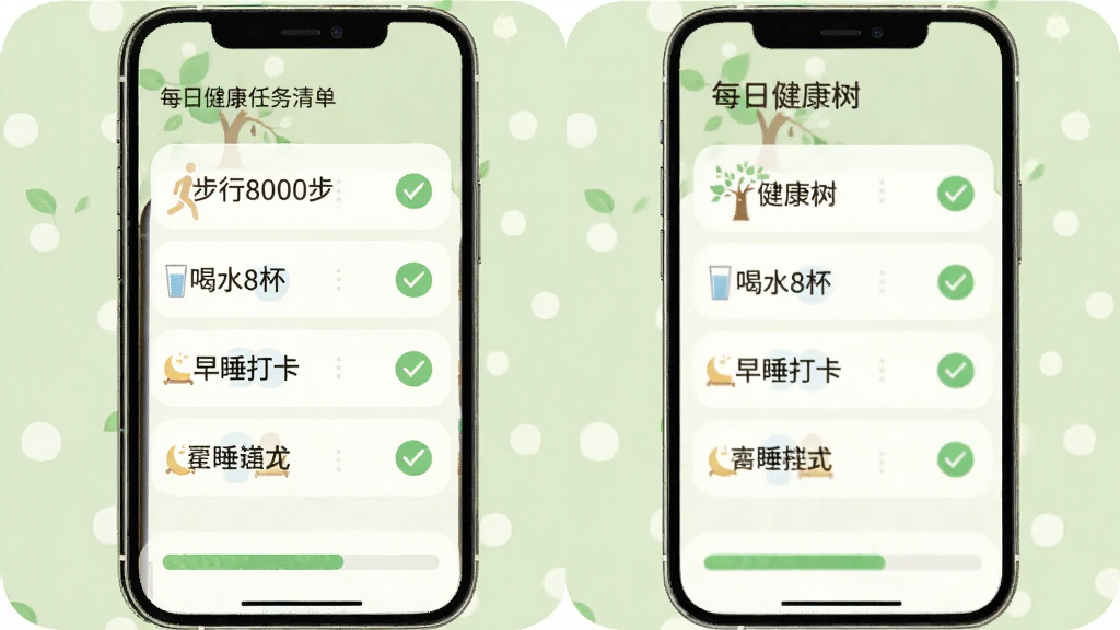 手机界面展示每日健康任务清单,包含“步行8000步”“喝水8杯”“早睡打卡”等任务项,每项旁边有绿色勾选圆圈,界面底部有进度条,整体风格温馨柔和,背景为淡绿色,画质清晰,图片中显示文字“健康树”