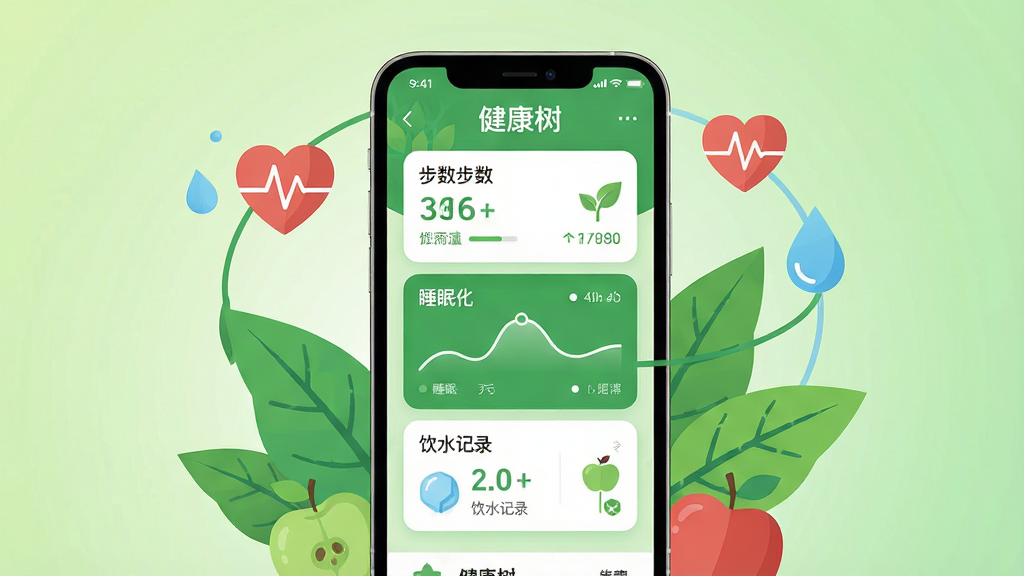 画面中央是一部智能手机,屏幕上显示绿色树形健康管理应用界面,界面中包含步数统计、睡眠曲线、饮水记录等卡片式模块,手机周围环绕着绿叶、心率图标、水滴、苹果等健康元素,背景为浅绿色渐变,整体风格清新自然、扁平化设计,画质清晰干净,无多余元素,图片中显示文字“健康树”