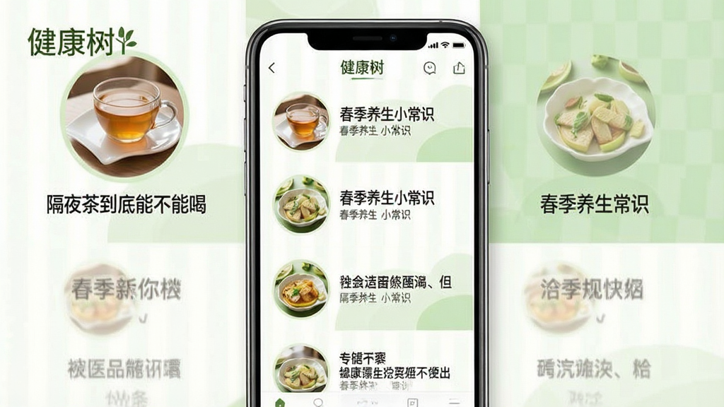 手机屏幕显示健康科普文章列表页,每篇文章配有圆形缩略图与标题文字,如“隔夜茶到底能不能喝”“春季养生小常识”等,界面排版整齐,配色清爽,背景为白色与浅绿色交替,画质干净,图片中显示文字“健康树”