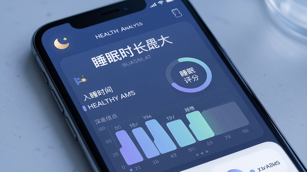 主体为手机屏幕展示睡眠分析页面,布局为上方睡眠时长大字与下方深浅睡条形图,排版上左侧为入睡时间信息、右侧为睡眠评分圆环,风格为柔和夜间蓝调界面,细节包含月亮图标、渐变条形与数据标签,画面中打文字