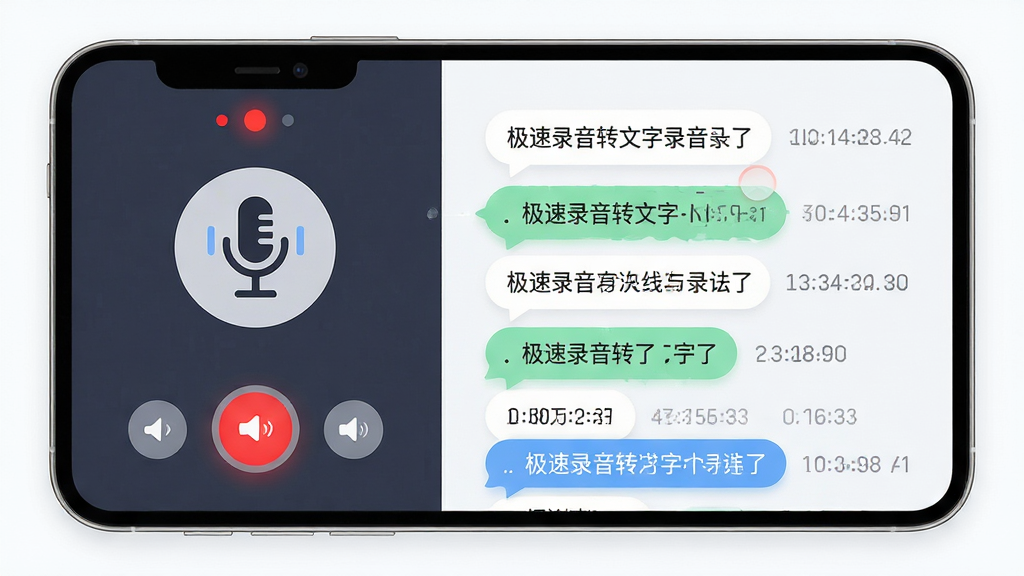实时转写功能示意图,主体为极速录音转文字录音界面中麦克风图标与实时滚动文字框并排呈现,布局为左侧录音控制区右侧文字流区域,排版采用横向并列结构,风格为轻快明亮的移动端设计,细节包含红色录音状态指示灯、逐行浮现的文字气泡与时间戳标记,画质清晰,画面干净,无多余元素