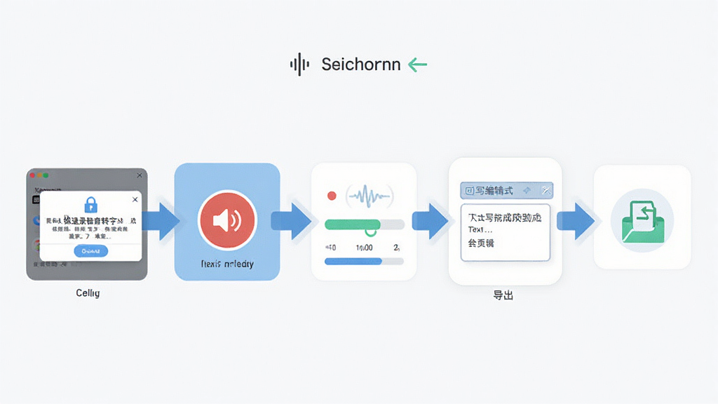 新手使用操作流程图,主体为极速录音转文字从权限授予到转写完成的步骤示意,布局为横向流程箭头串联五个操作节点,排版采用从左至右的流程结构,风格为扁平化信息图风格,细节包含权限弹窗、录音按钮、转写进度条、文本编辑框与导出图标,画质高清,画面干净,无多余元素