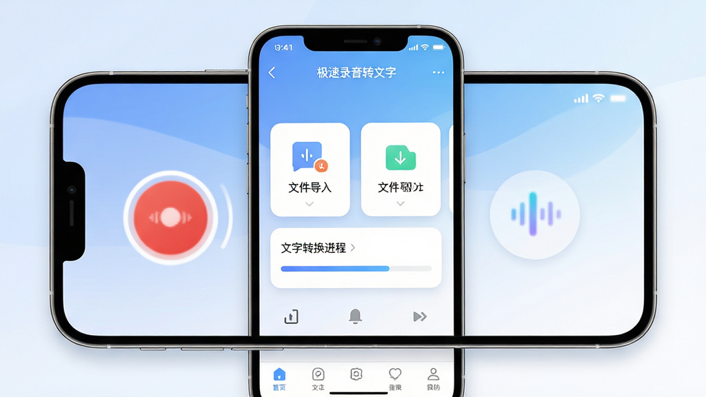 软件全貌展示图,主体为一部智能手机屏幕中央显示极速录音转文字应用主界面,界面包含录音按钮、文件导入入口与文字转换进度条,布局采用上下分层结构,上方为状态栏与标题栏,中部为功能卡片区,下方为导航菜单,风格为现代简约科技风,细节包含柔和的蓝白渐变背景、圆角图标与清晰的功能标签,画质高清,画面干净,无多余元素