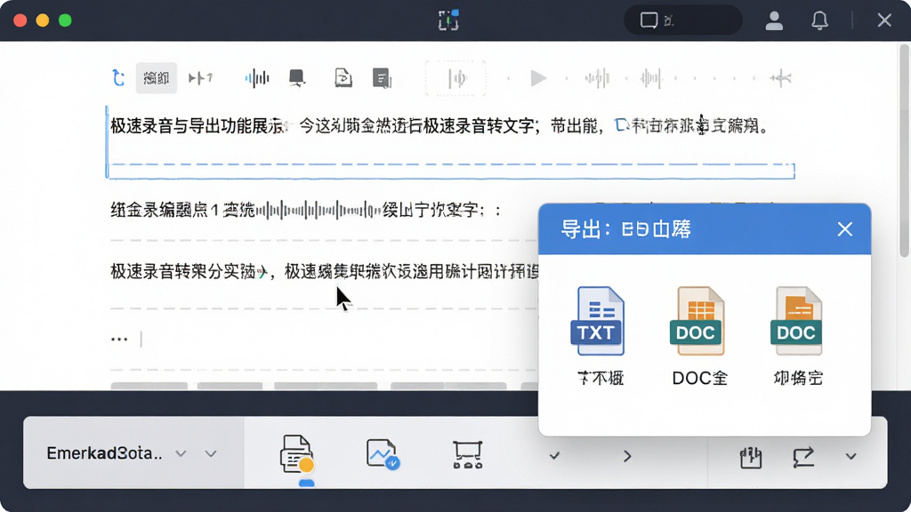 文本编辑与导出功能展示图,主体为极速录音转文字的文字编辑页面与导出选项弹窗,布局为上方文本编辑区下方导出格式选择栏,排版采用上下分层结构,风格为简洁商务风,细节包含光标定位、段落分割线与TXT、DOC等导出格式图标,画质高清,画面干净,无多余元素