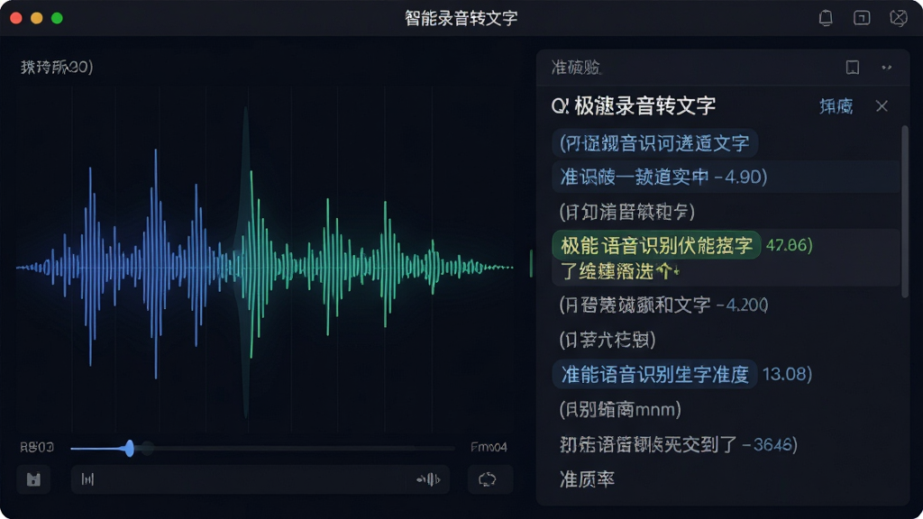 智能语音识别功能展示图,主体为极速录音转文字软件界面中的语音波形与文字同步转换画面,布局为左侧音频波形图右侧逐句文字输出列表,排版采用左右分栏结构,风格为科技感深色主题,细节包含跳动的声波线条、高亮识别的文字段落与准确率标识,画质清晰,画面干净,无多余元素