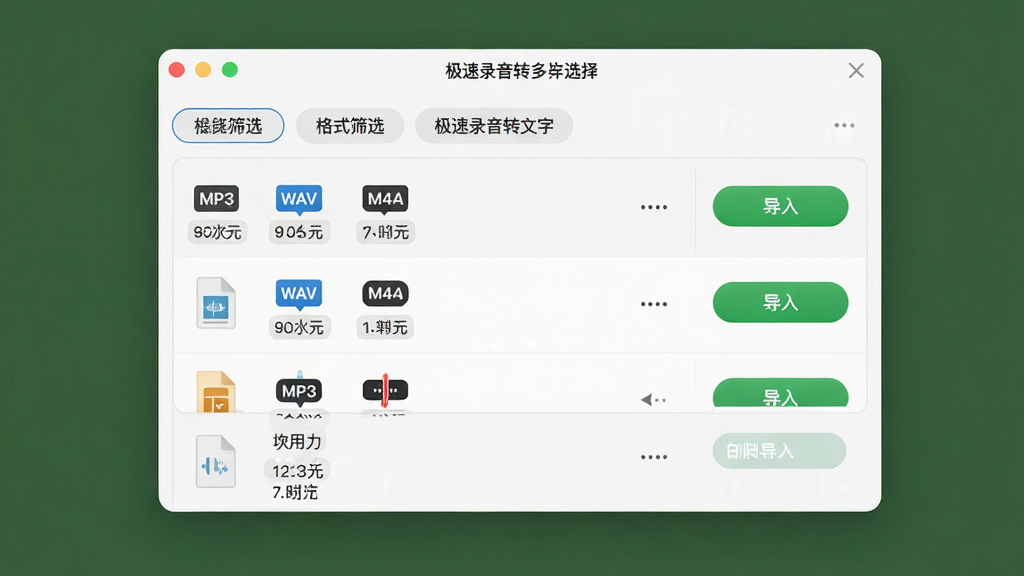 多格式音频导入界面图,主体为极速录音转文字的文件选择窗口,布局为上方格式筛选标签下方文件列表,排版采用纵向列表结构,风格为清爽浅色办公风,细节包含MP3、WAV、M4A等格式图标、文件大小与时长信息、导入按钮,画质高清,画面干净,无多余元素
