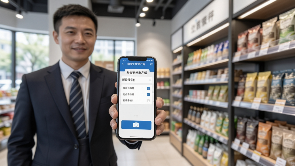 一位商户管理人员站在门店内手持手机,屏幕上显示“和家无忧商户端”巡检任务勾选界面,画面采用三分构图,左侧人物右侧门店货架,风格写实商务,细节包含手机界面任务条目与拍照按钮,画质清晰,干净无多余元素