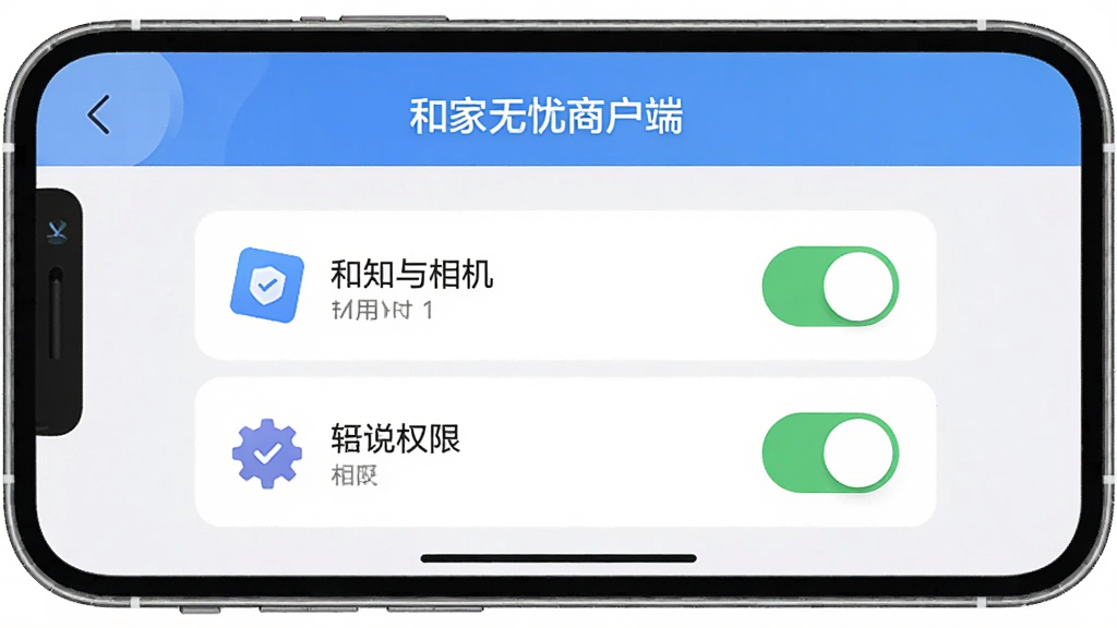 手机界面展示“和家无忧商户端”设置页与权限管理列表,画面中央为通知与相机权限开关,布局上下排列,风格清爽扁平,细节包含权限图标与开关按钮,画质清晰,干净无多余元素