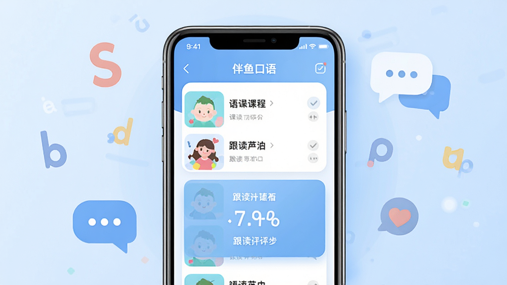 伴鱼口语应用主界面展示,画面中央是手机屏幕,屏幕内呈现口语练习课程列表与跟读评分卡片,背景为柔和浅蓝色渐变,四周点缀英语字母与对话气泡元素,整体风格清爽简约,扁平化设计,细节清晰,画质干净,无多余元素