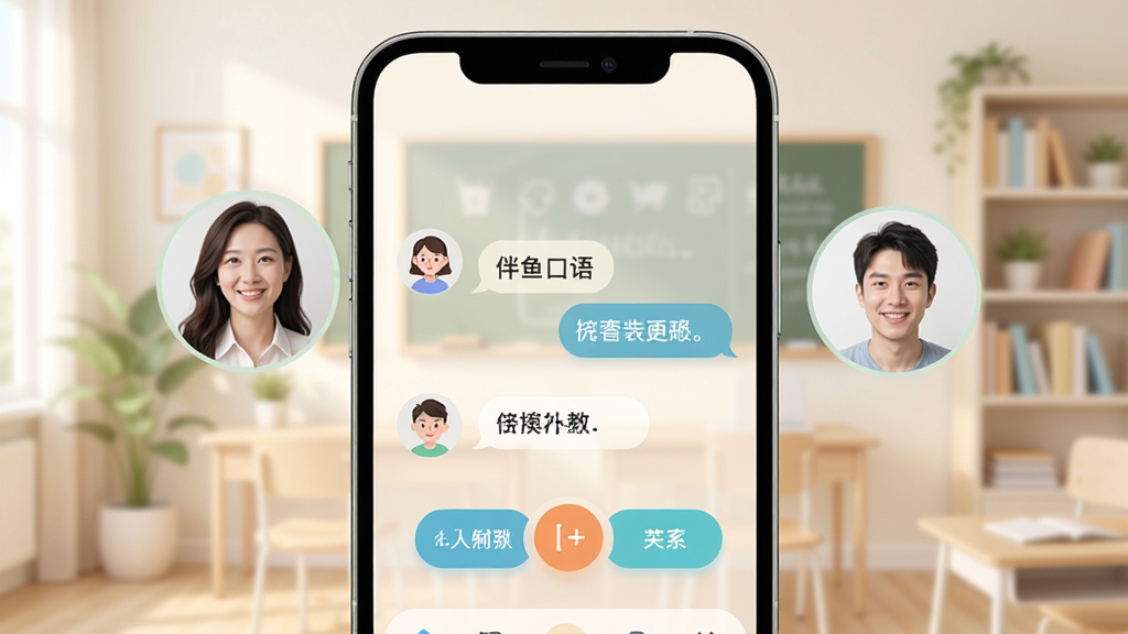 伴鱼口语外教一对一课堂界面,手机屏幕内显示外教头像与用户头像并列,中间有对话字幕与互动按钮,背景为简洁的线上教室风格,色调柔和,布局规整,画质干净,无多余元素