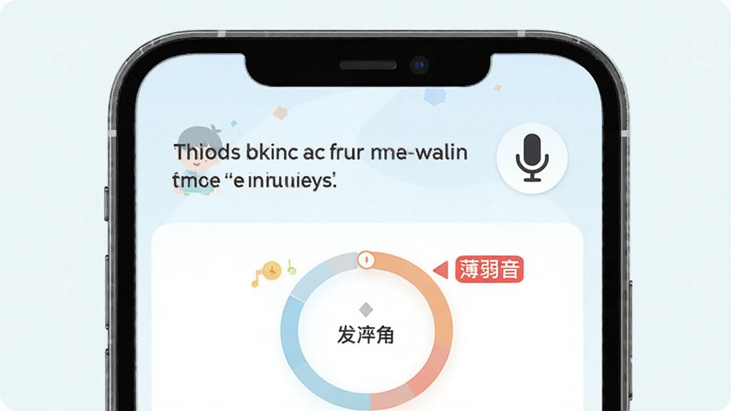 伴鱼口语跟读评分界面,手机屏幕显示一句英文句子与麦克风按钮,句子下方有发音评分环形图与红色标注的薄弱音节,界面风格清新,浅色背景,扁平插画风,细节清晰,画质干净,无多余元素