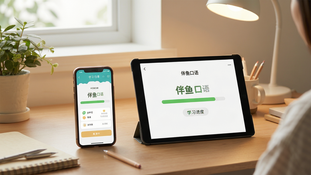 伴鱼口语多设备使用场景,画面中同时出现手机与平板设备,屏幕内展示相同的学习进度界面,背景为居家书桌环境,光线柔和,风格写实简约,细节丰富,画质干净,无多余元素