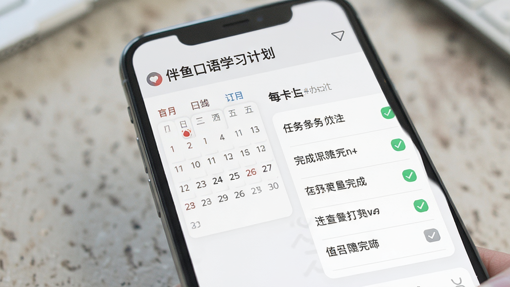 伴鱼口语学习计划页面,手机屏幕显示日历打卡视图与每日任务清单,任务项旁有完成勾选标记,界面风格简约商务,浅灰与白色搭配,信息层级清晰,画质干净,无多余元素