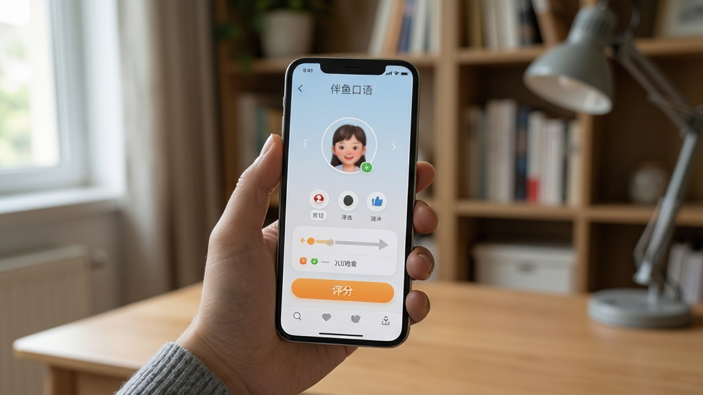 伴鱼口语移动端使用场景,画面中一只手拿着手机,屏幕显示跟读练习界面与评分结果,背景为安静的书房环境,光线自然,风格写实,细节清晰,画质干净,无多余元素