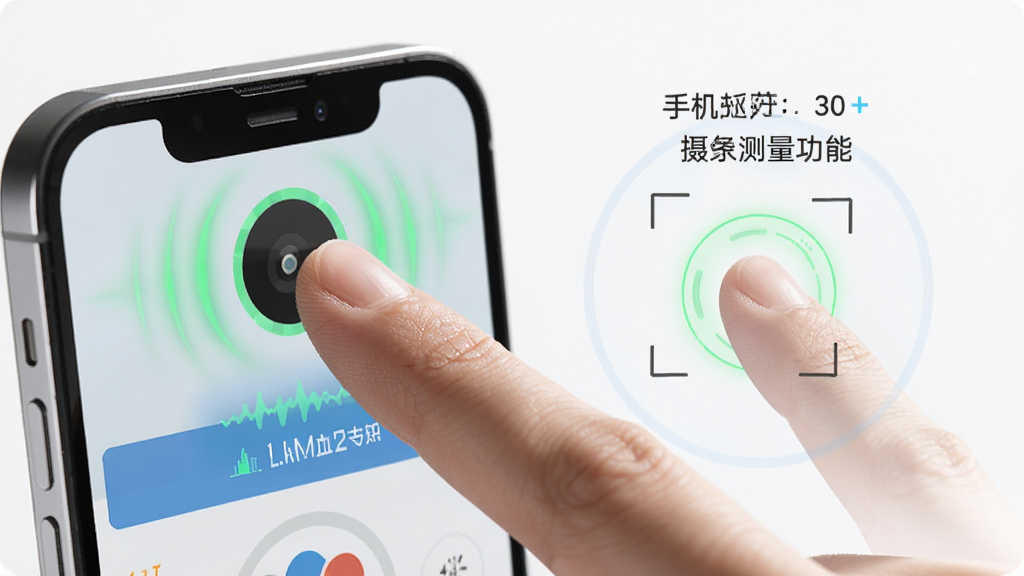 手机测血压软件摄像头测量功能展示,主体为手指轻触手机摄像头特写,布局左侧手机右侧手指动作示意,排版图文结合,风格科技健康,细节包含绿色光感波纹、数据采集动画、界面提示文字,画质清晰,干净,无多余元素