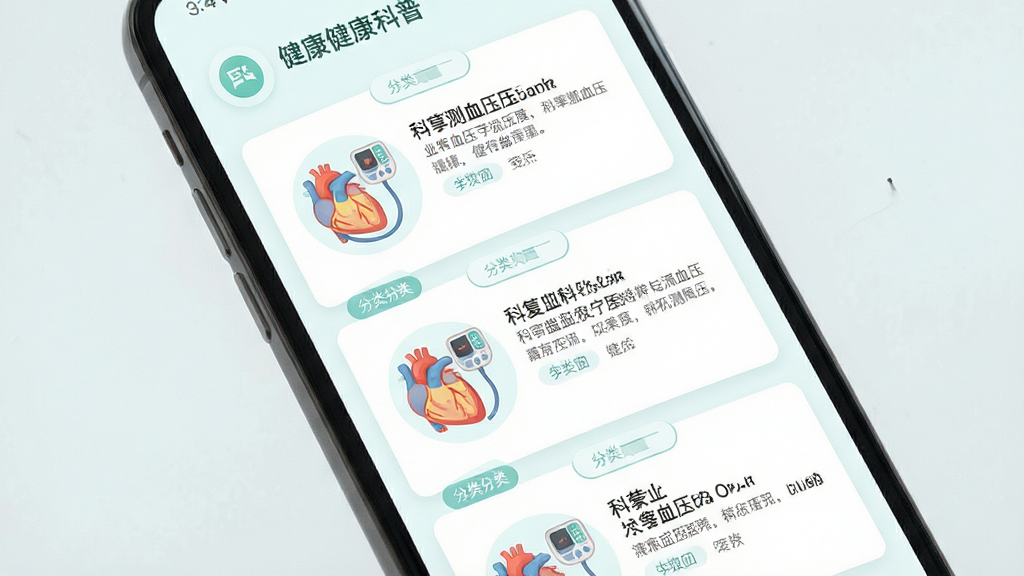手机测血压软件健康知识科普页面,主体为手机屏幕显示图文文章列表,布局卡片式排列,排版整齐,风格清新浅色,细节包含科普插图、标题文字、分类标签,画质清晰,干净,无多余元素