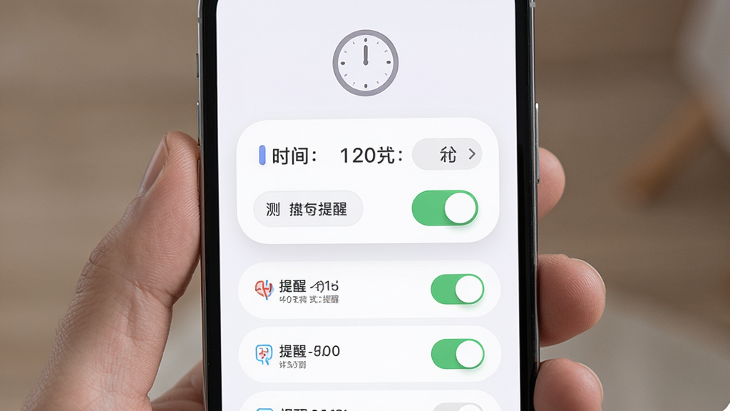 手机测血压软件测量提醒设置界面,主体为手机屏幕展示时间选择与开关按钮,布局居中,排版简洁,风格柔和圆角,细节包含时钟图标、提醒列表、开关控件,画质高清,干净,无多余元素