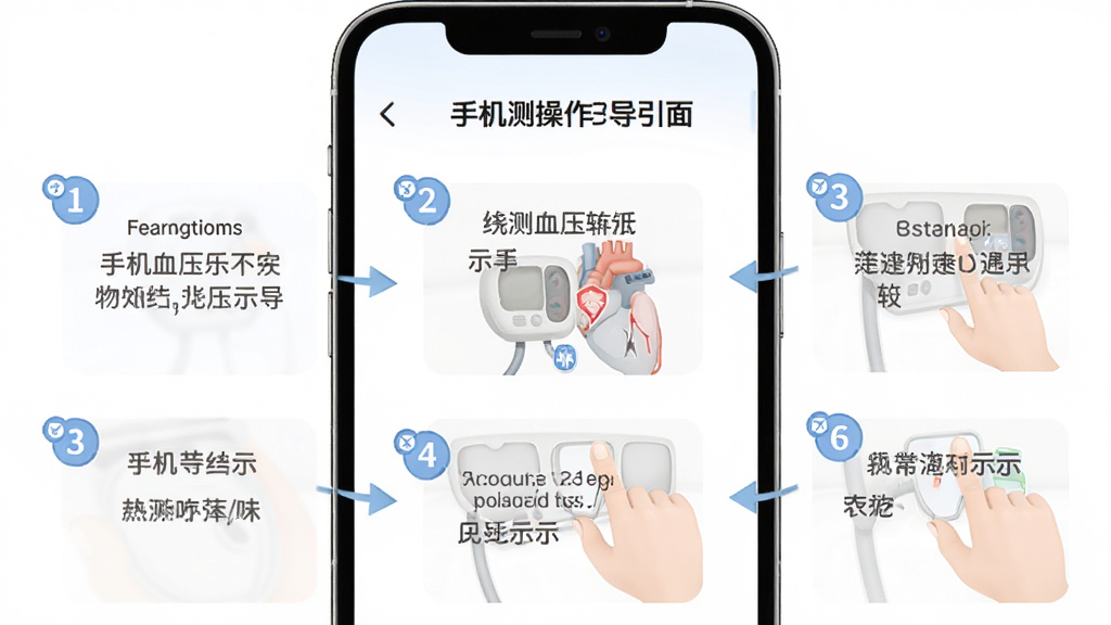 手机测血压软件新手操作引导页面,主体为手机屏幕展示步骤提示与手指放置示意图,布局分步排列,排版清晰,风格友好亲民,细节包含序号图标、文字说明、箭头指引,画质高清,干净,无多余元素