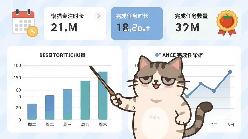 懒猫自律番茄钟数据统计页面展示,画面中一只卡通懒猫站在柱状图和折线图前方手持教鞭讲解数据,图表展示每周专注时长与完成任务数量,布局采用上下结构上方为数据卡片下方为图表区域,风格为清新商务扁平插画,细节包括日历图标和番茄徽章装饰,画质高清干净无多余元素