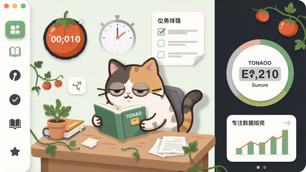 懒猫自律番茄钟应用主界面展示,画面中央是一只卡通懒猫坐在书桌前专注看书的场景,周围环绕番茄钟计时器、任务清单和专注数据图表等元素,布局采用左右分栏结构,左侧为功能图标列表右侧为计时圆环,整体风格清新简约扁平化插画,细节包括番茄藤蔓装饰和柔和阴影,画质高清干净无多余元素